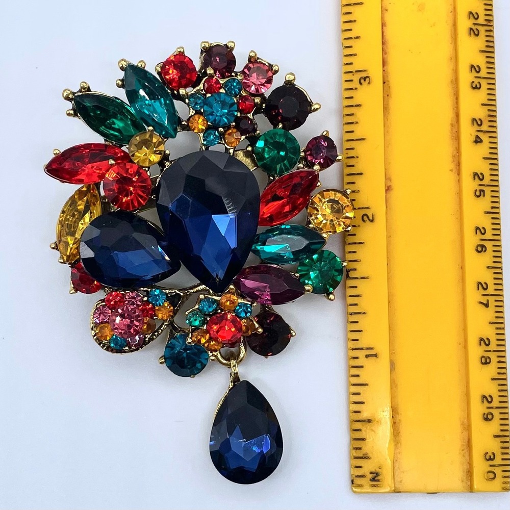 3.25" Multicolor‎ Rhinestone Brooch Gold Tone Statement Jewelry - Picture 2 of 3
